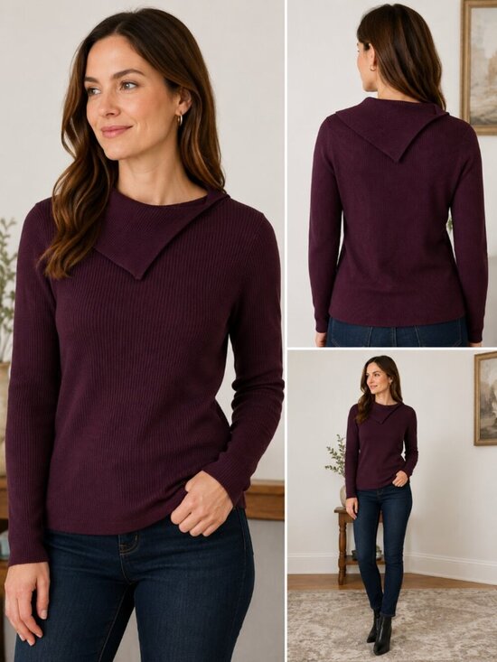 Casual Corner Sweaters - Casual Corner Annex Burgundy Ribbed Cowl Neck Sweater Foldover Collar Large